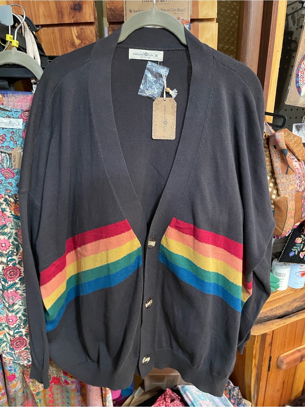 NATURAL LIFE Live Happy Cardigan Sweater Cardigan Rainbow Bands Charcoal Cotton - Picture 10 of 15